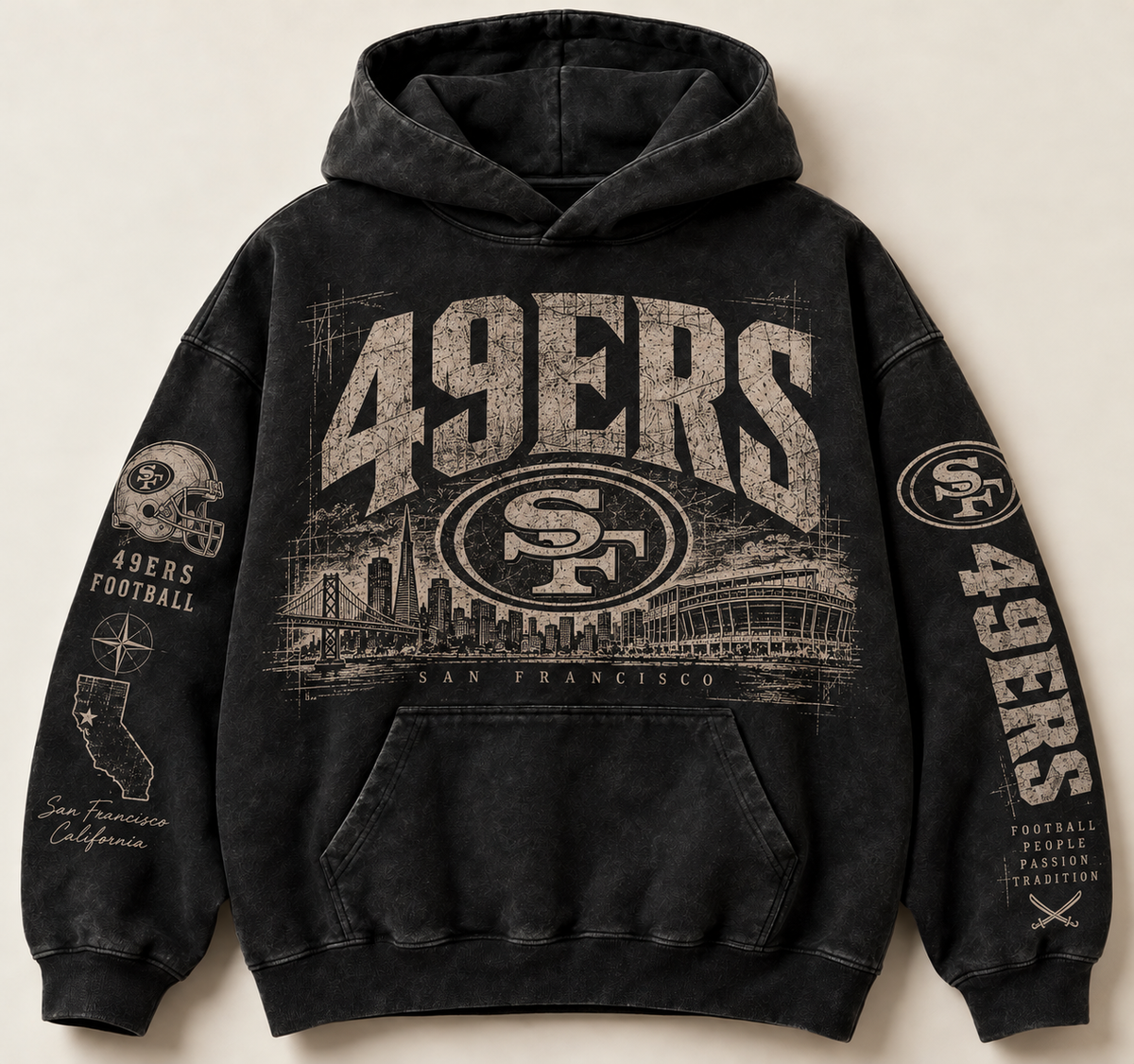 49ers Archive Crest washed black hoodie front