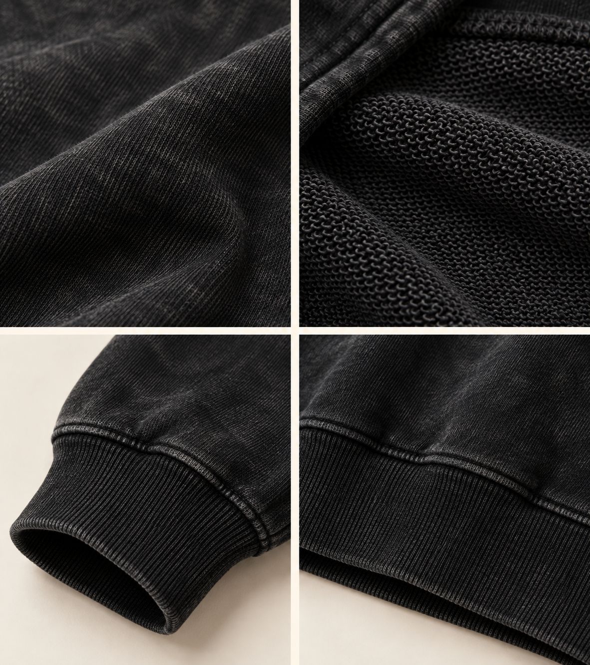 Washed black 300 GSM French terry outer knit, inner loops, rib cuff and hem detail grid