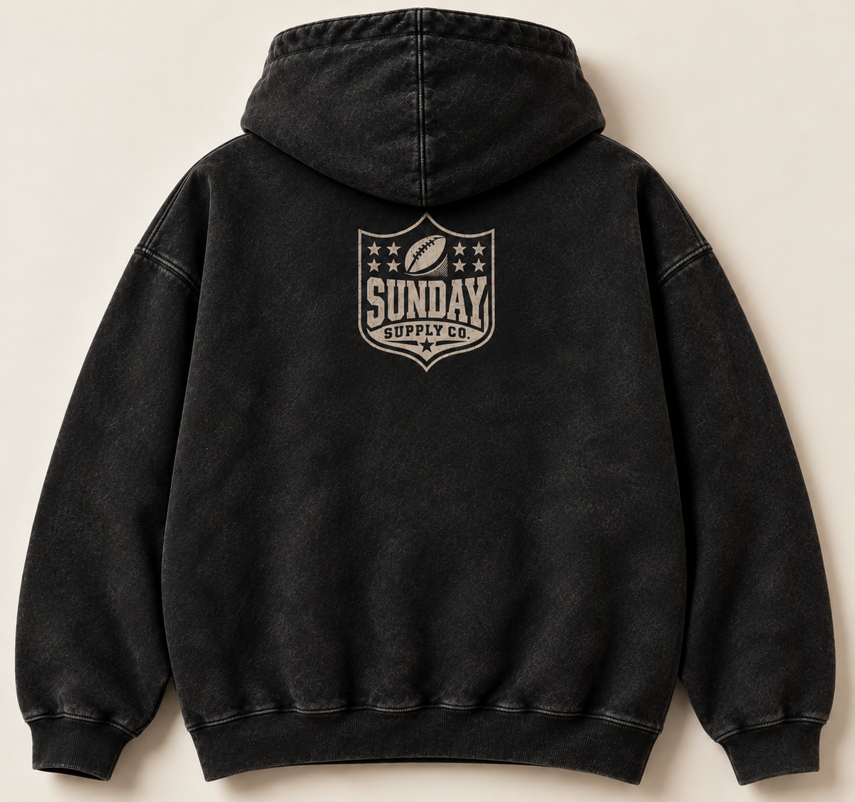 Archive Crest washed black French terry hoodie back with monochrome cream Sunday Supply crest
