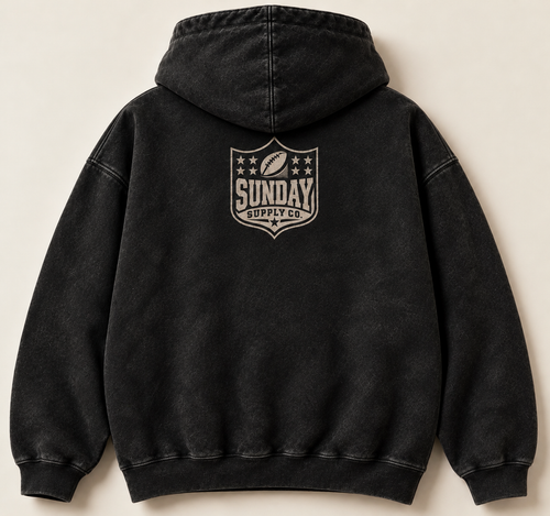 Archive Crest washed black French terry hoodie back with monochrome cream Sunday Supply crest