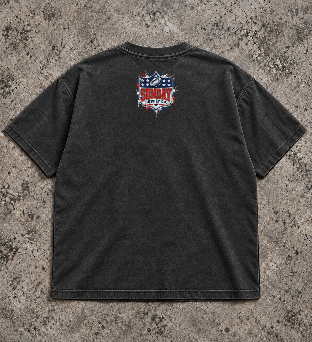 Bills EST. 1960 tee back, Sunday Supply Co. shield
