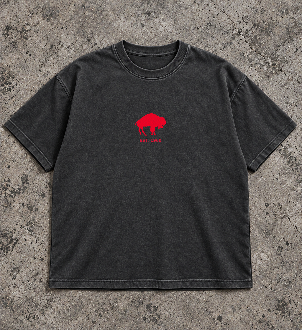 Bills EST. 1960 tee front, red standing buffalo on vintage dark grey