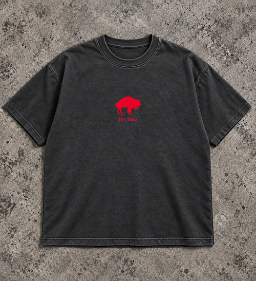 Bills EST. 1960 tee front, red standing buffalo on vintage dark grey