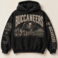 Buccaneers Archive Crest washed black hoodie front with distressed cream Tampa Bay graphics