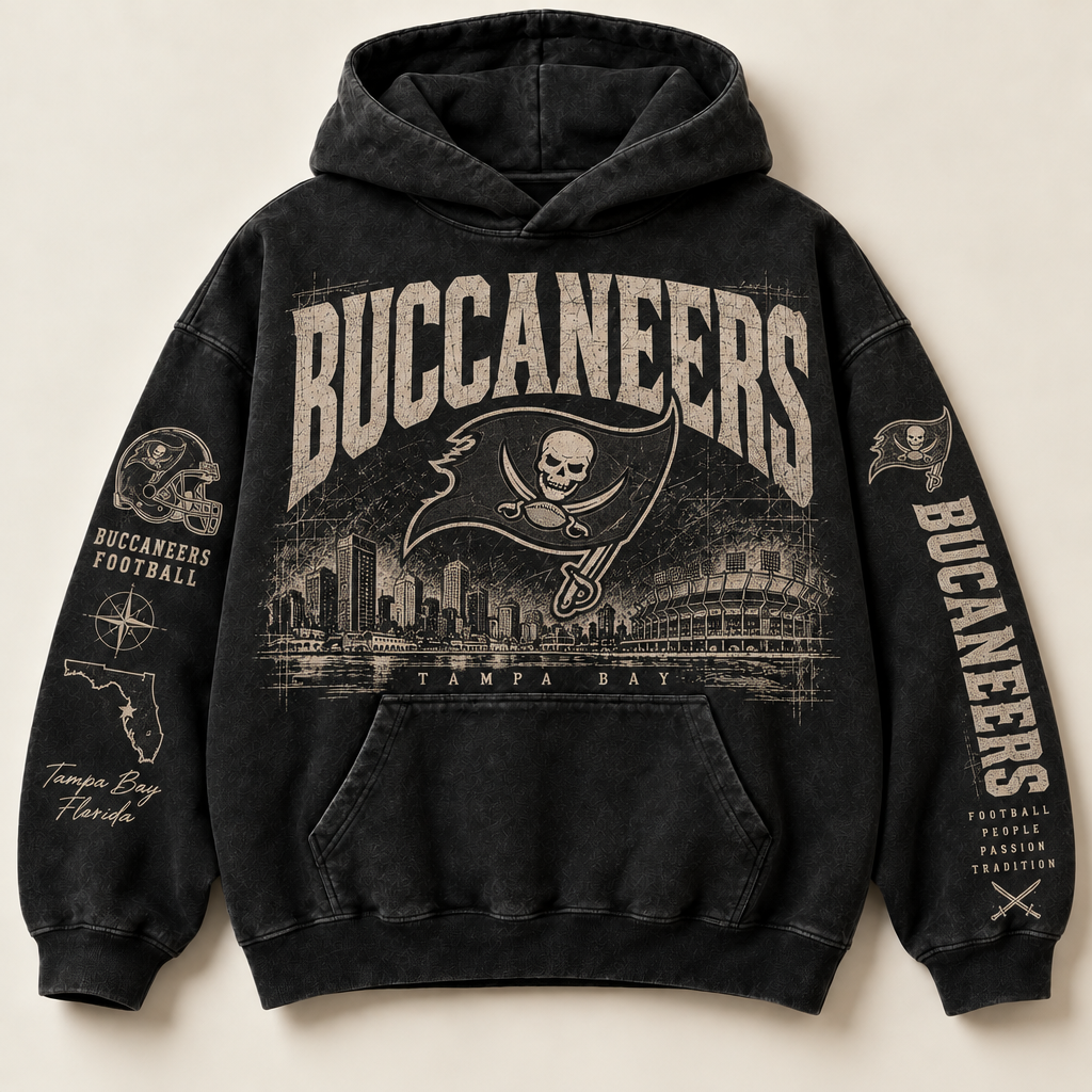 Buccaneers Archive Crest washed black hoodie front with distressed cream Tampa Bay graphics