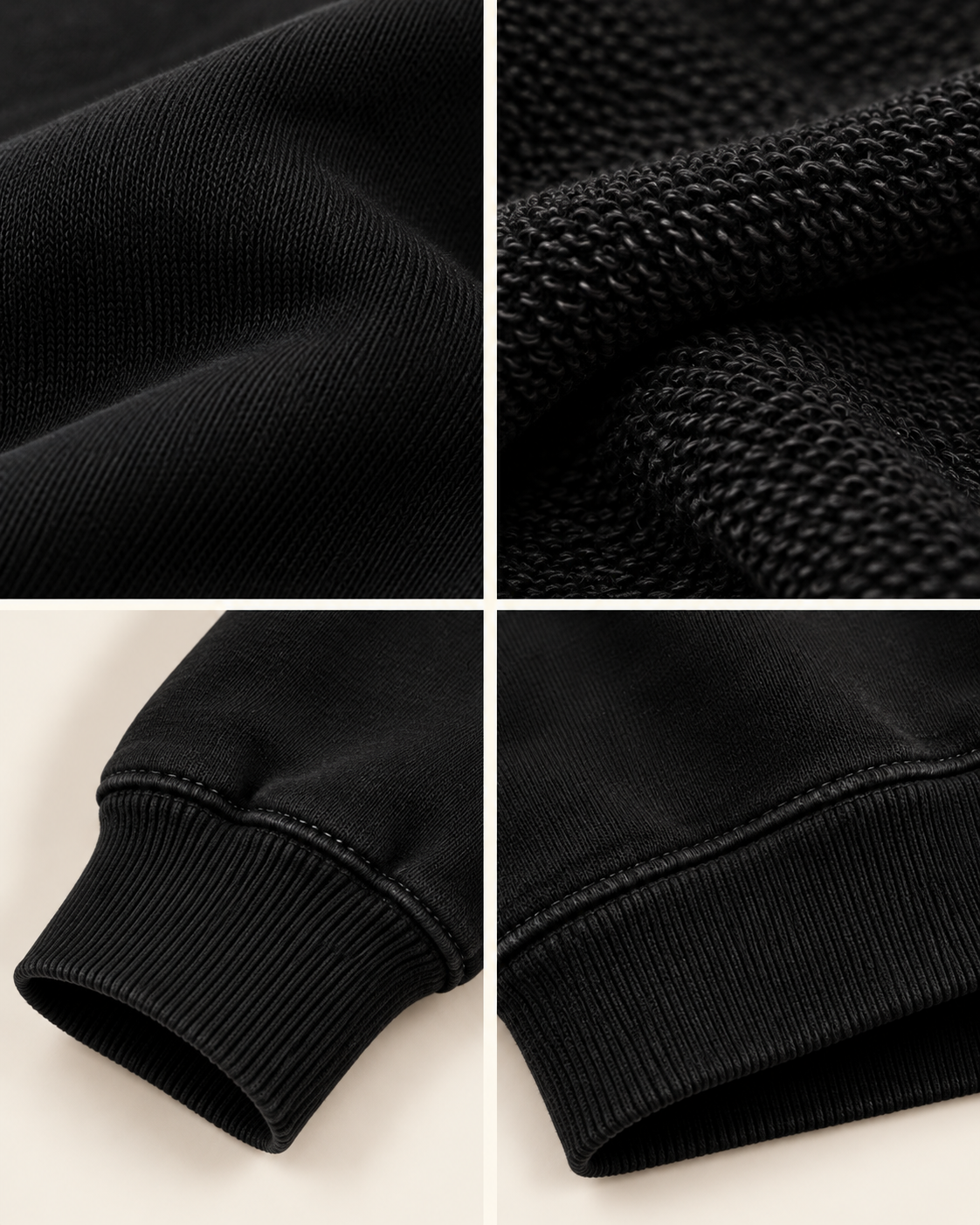 Solid black 300 GSM French terry fabric detail grid with outer knit, inner loops, rib cuff and hem stitching