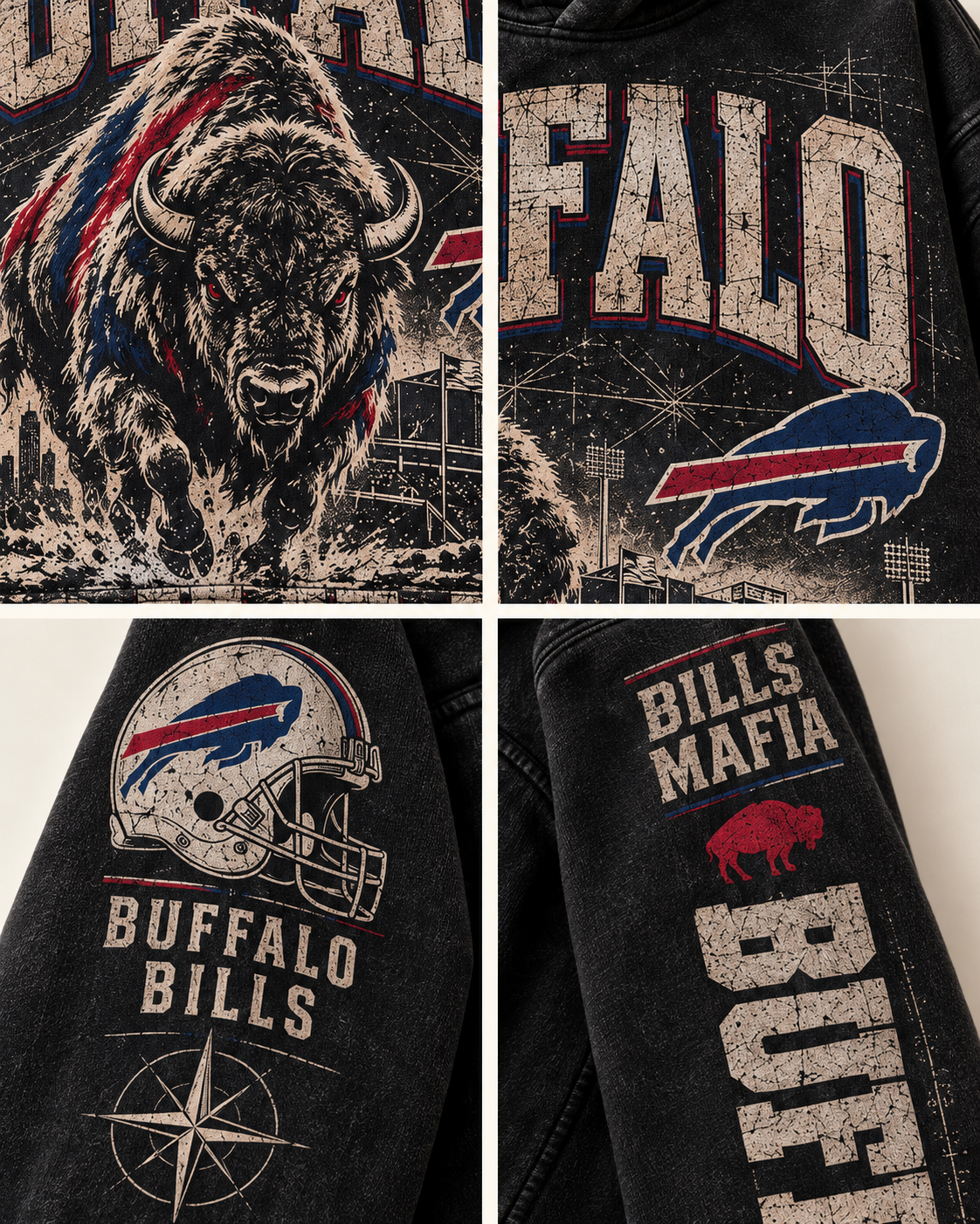 Buffalo Ironclad Hoodie front and sleeve artwork detail grid