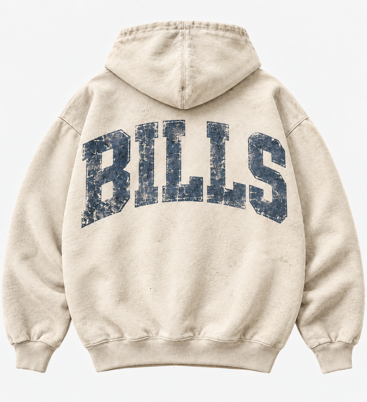 Buffalo Relic cream hoodie back with distressed navy BILLS lettering