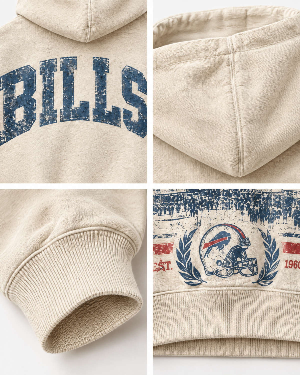 Buffalo Relic cream French terry fabric, hood, cuff and back-print details