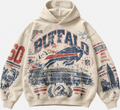 Buffalo Relic cream hoodie front with distressed navy and red Buffalo artwork