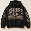 Chiefs Archive Crest washed black hoodie front with distressed cream Kansas City graphics