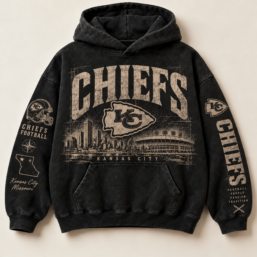 Chiefs Archive Crest washed black hoodie front with distressed cream Kansas City graphics