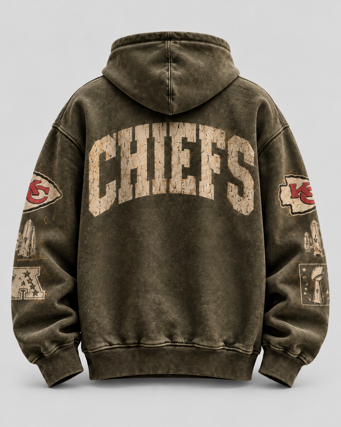 Chiefs Dynasty Trophy Hoodie — back, washed olive with oversized distressed arched CHIEFS graphic and sleeve designs