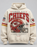 Chiefs Helmet Archive cream hoodie with Kansas City helmet graphic and striped sleeves