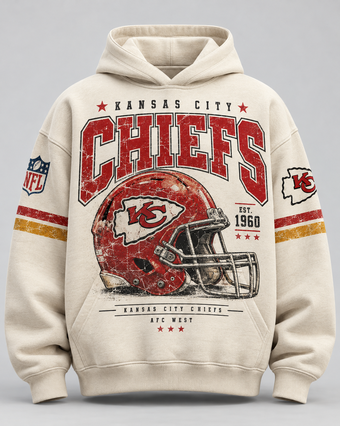 Chiefs Helmet Archive cream hoodie with Kansas City helmet graphic and striped sleeves