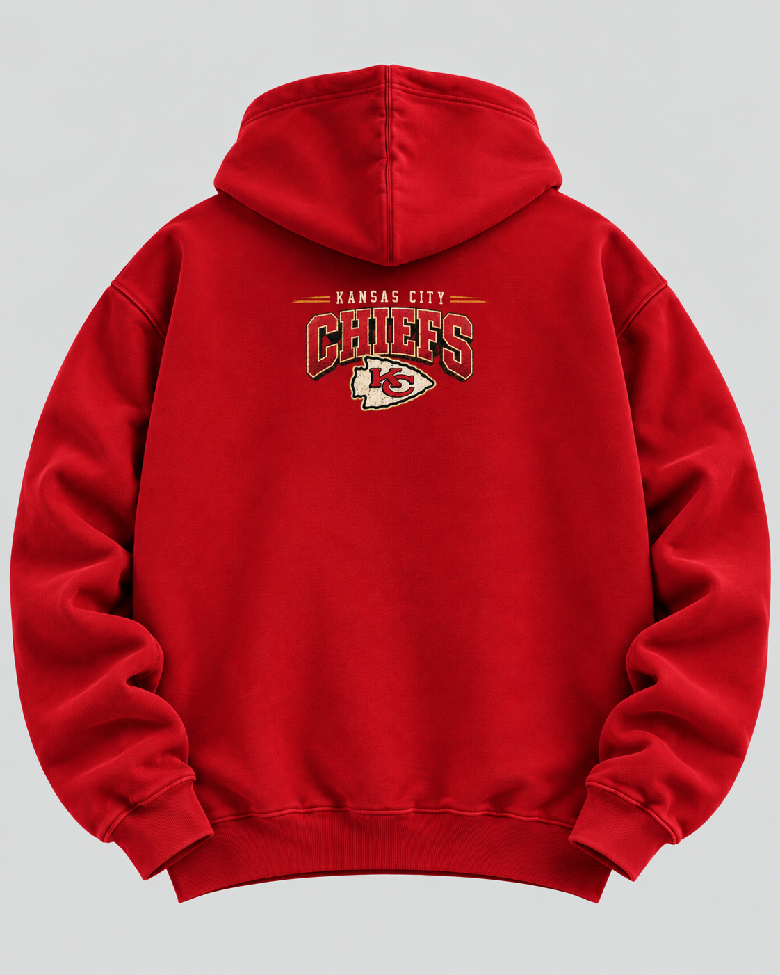 Chiefs Kingdom Crest Hoodie back — solid red with small KANSAS CITY CHIEFS wordmark and arrowhead crest on upper back
