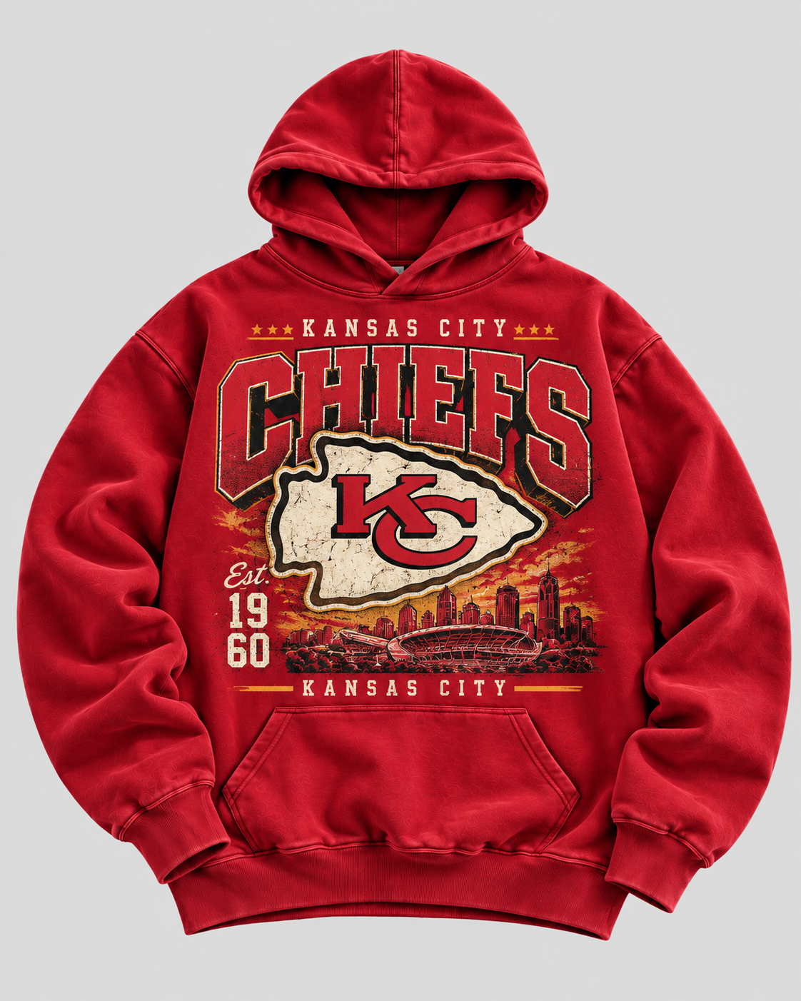 Chiefs Kingdom Crest Hoodie front — solid red with distressed varsity CHIEFS lettering, vintage KC crest and Kansas City skyline