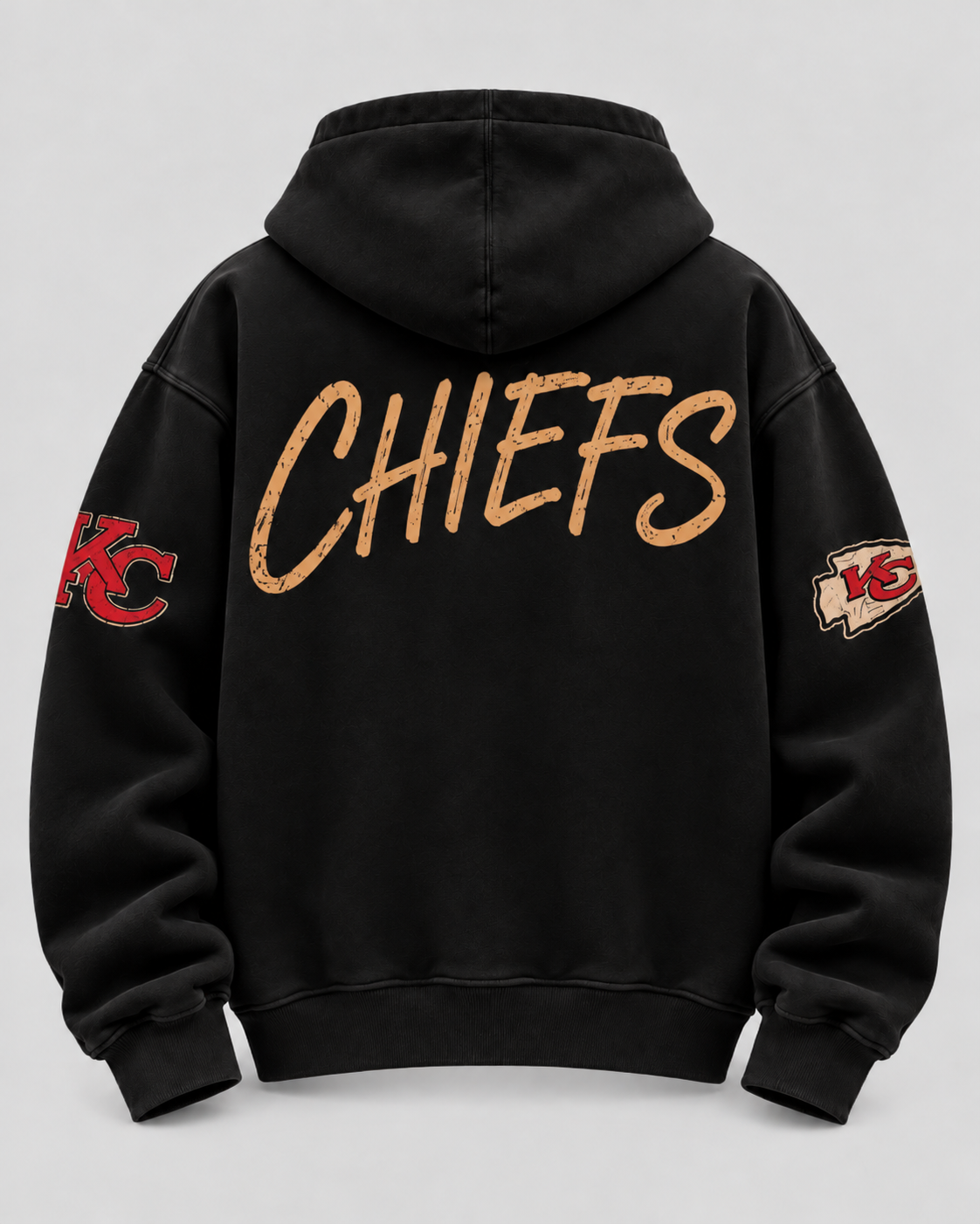 Chiefs Playbook Script Hoodie — back, black with large distressed CHIEFS wordmark and red KC sleeve graphics