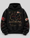 Chiefs Playbook Script Hoodie — front, black with distressed football playbook routes and Chiefs script lettering