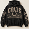 Colts Archive Crest washed black hoodie front with distressed cream Indianapolis graphics