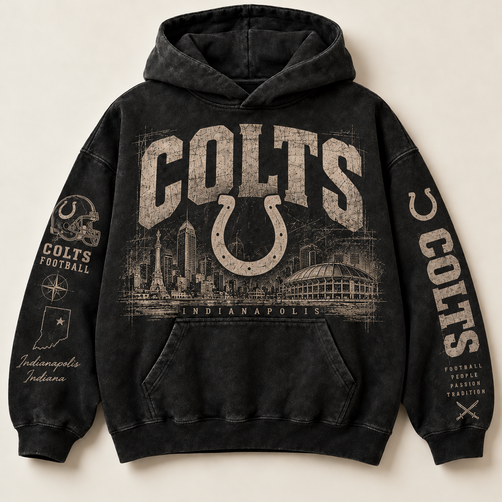 Colts Archive Crest washed black hoodie front with distressed cream Indianapolis graphics