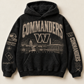 Commanders Archive Crest washed black hoodie front with distressed cream Washington graphics