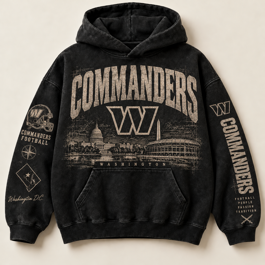 Commanders Archive Crest washed black hoodie front with distressed cream Washington graphics