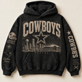 Cowboys Archive Crest washed black hoodie front with distressed cream Dallas graphics