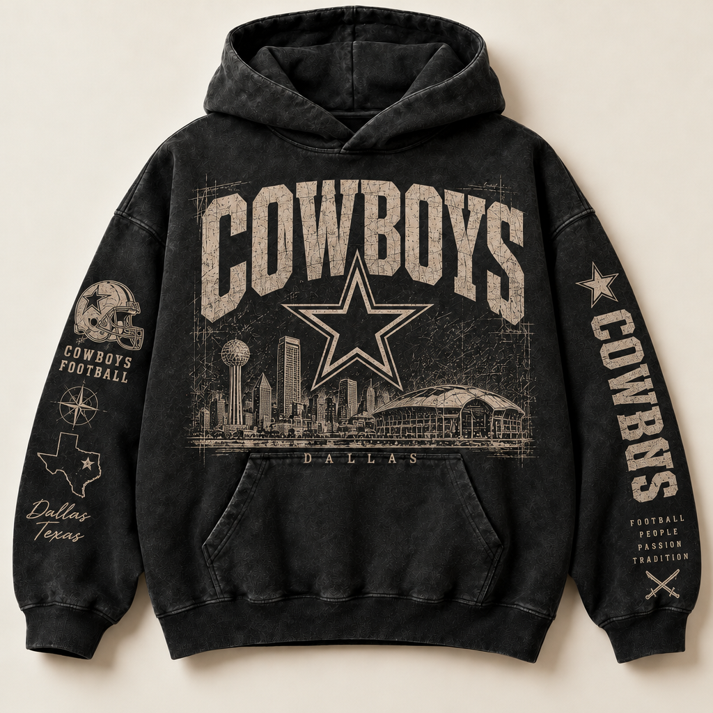 Cowboys Archive Crest washed black hoodie front with distressed cream Dallas graphics