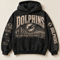 Dolphins Archive Crest washed black hoodie front with distressed cream Miami graphics