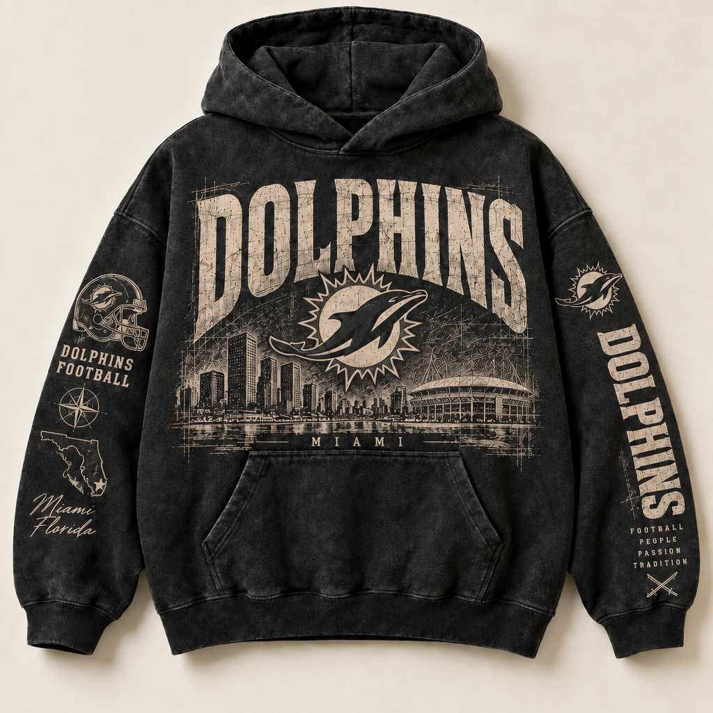 Dolphins Archive Crest washed black hoodie front with distressed cream Miami graphics
