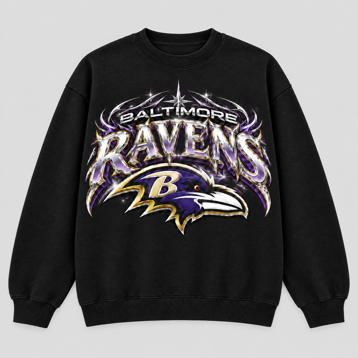RAVENS CHROME SURGE Crewneck — Black fleece — front
