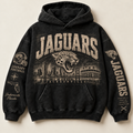 Jaguars Archive Crest washed black hoodie front with distressed cream Jacksonville graphics