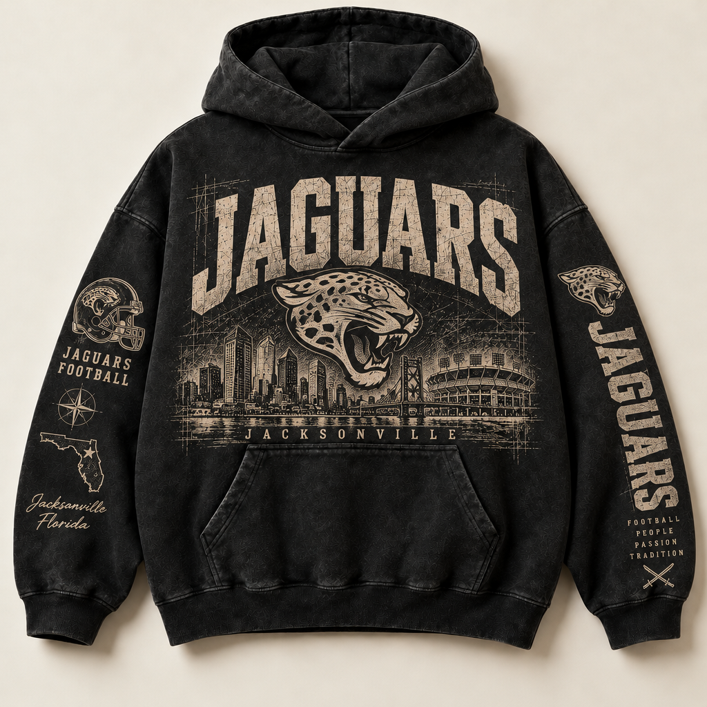 Jaguars Archive Crest washed black hoodie front with distressed cream Jacksonville graphics