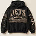 Jets Archive Crest washed black hoodie front with distressed cream New York graphics