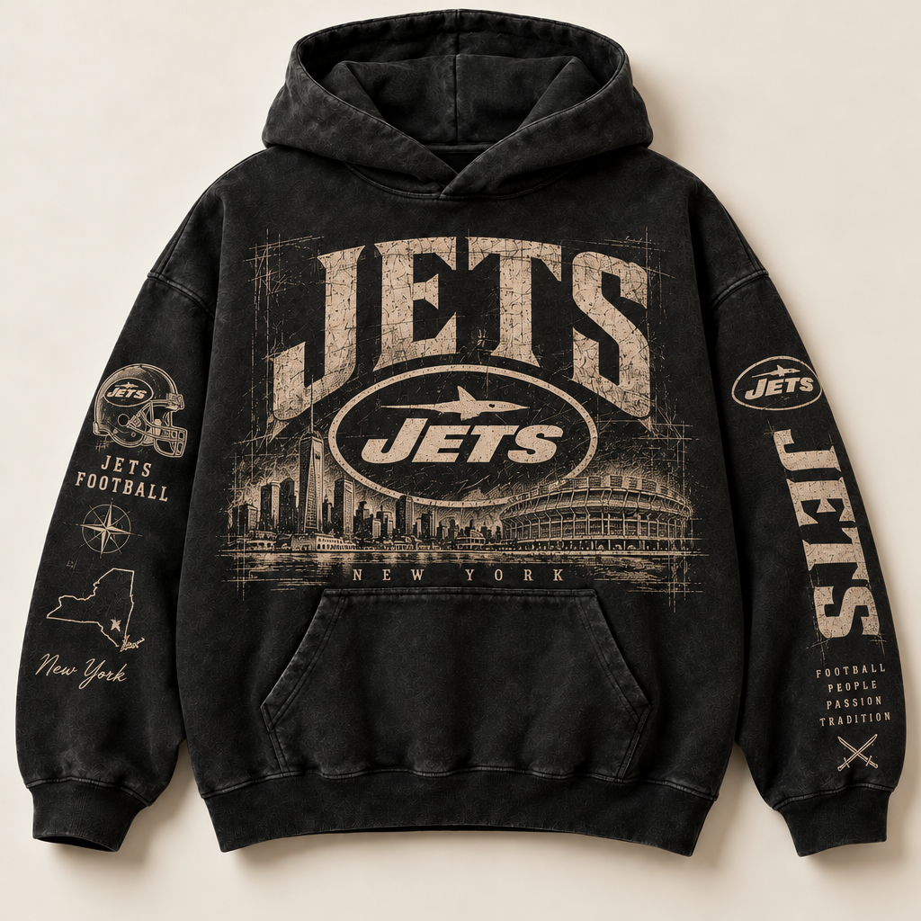 Jets Archive Crest washed black hoodie front with distressed cream New York graphics