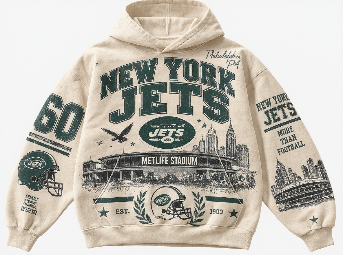 New York Jets Stadium Relic cream hoodie front