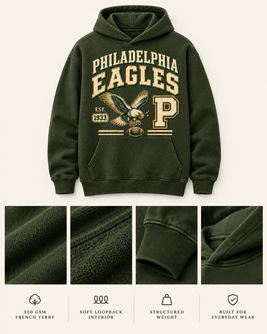 Philadelphia Legacy Crest Hoodie 300 GSM French terry fabric and construction details