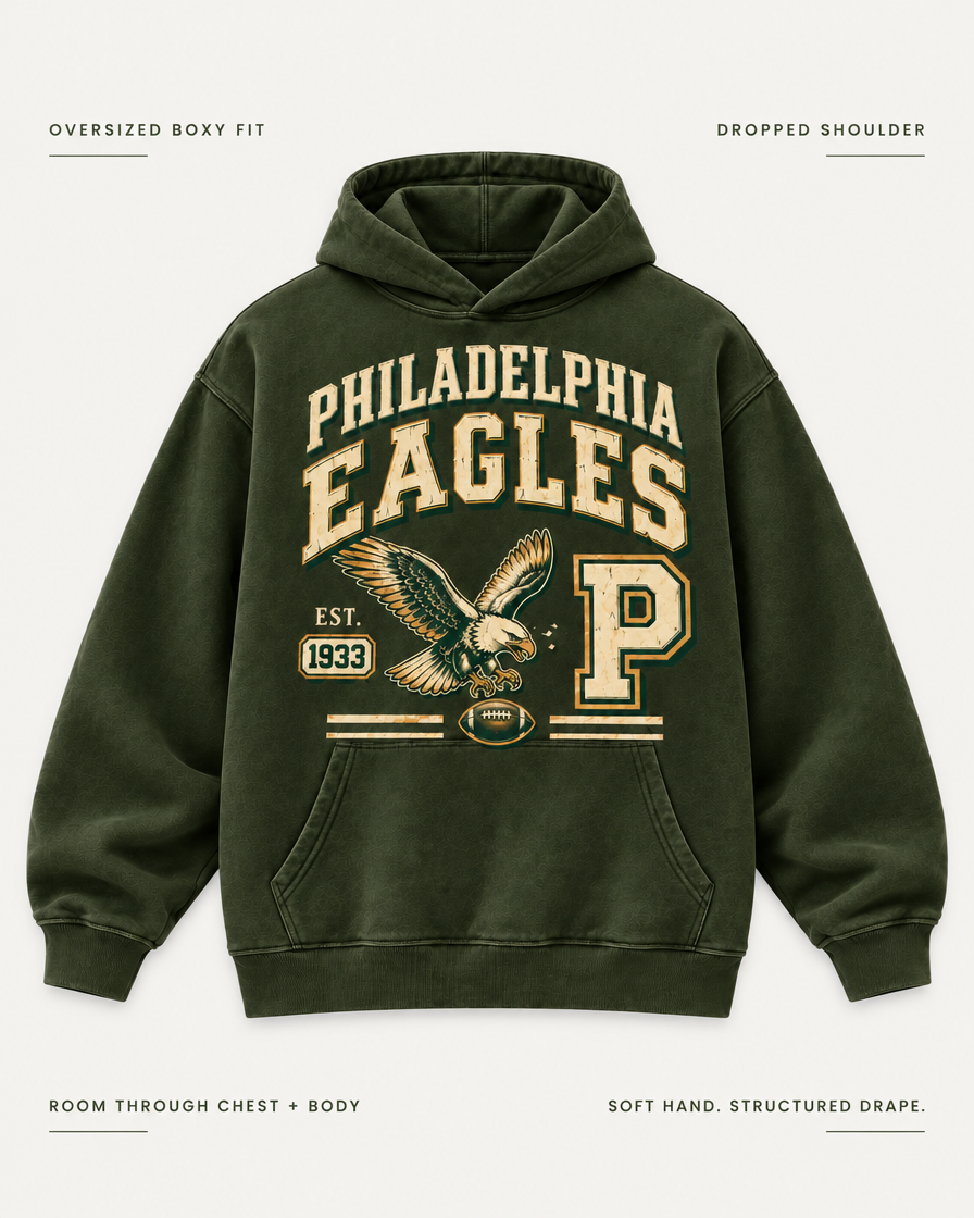 Philadelphia Legacy Crest Hoodie oversized boxy fit and feel details