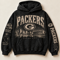 Packers Archive Crest washed black hoodie front with distressed cream Green Bay graphics