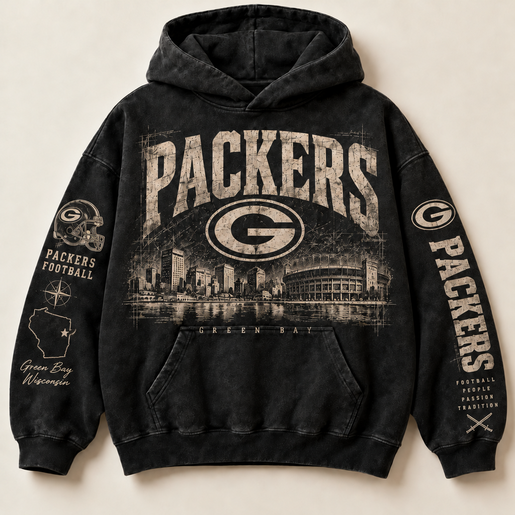 Packers Archive Crest washed black hoodie front with distressed cream Green Bay graphics