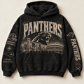 Panthers Archive Crest washed black hoodie front with distressed cream Carolina graphics
