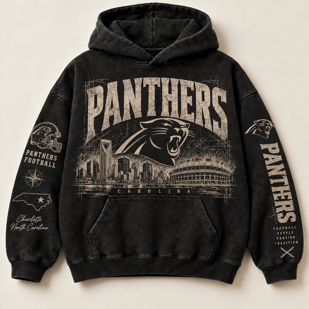 Panthers Archive Crest washed black hoodie front with distressed cream Carolina graphics