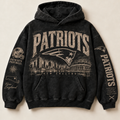 Patriots Archive Crest washed black hoodie front with distressed cream New England graphics