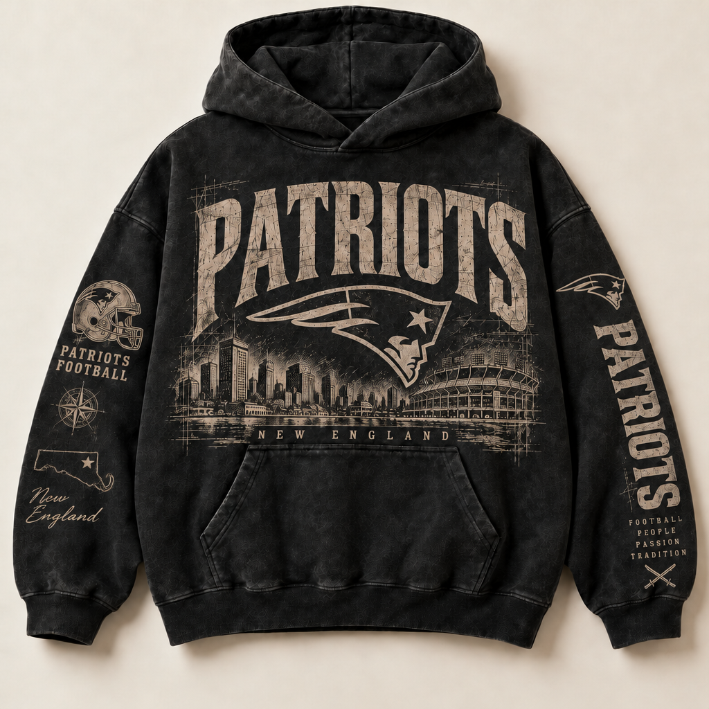 Patriots Archive Crest washed black hoodie front with distressed cream New England graphics