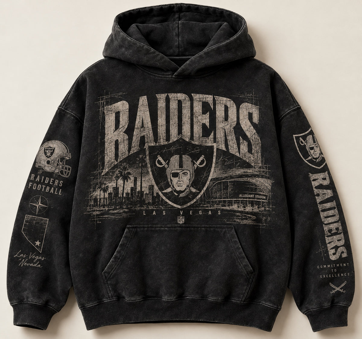 Raiders Archive Crest washed black hoodie front with distressed cream skyline and sleeve artwork