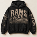 Rams Archive Crest washed black hoodie front with distressed cream Los Angeles graphics