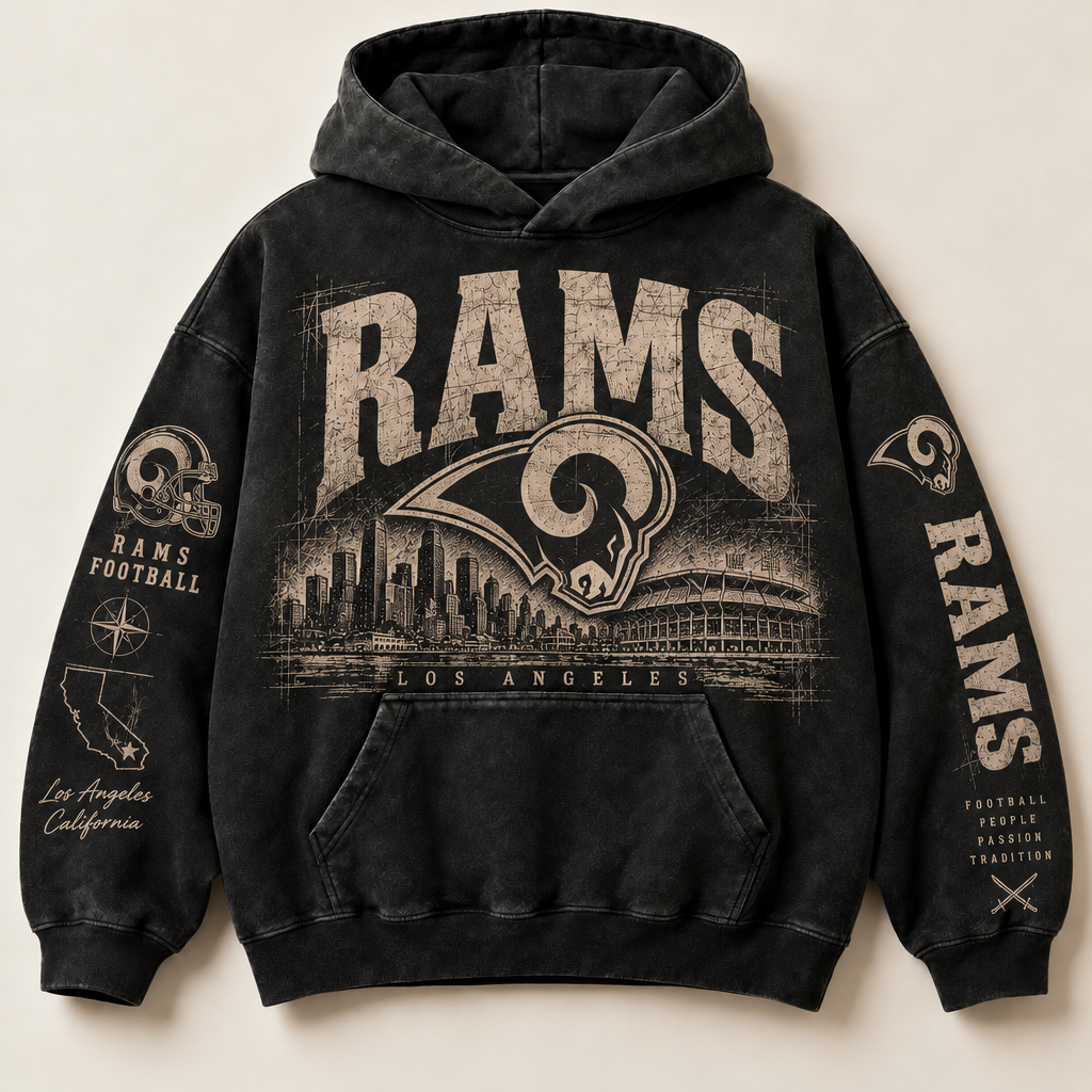 Rams Archive Crest washed black hoodie front with distressed cream Los Angeles graphics