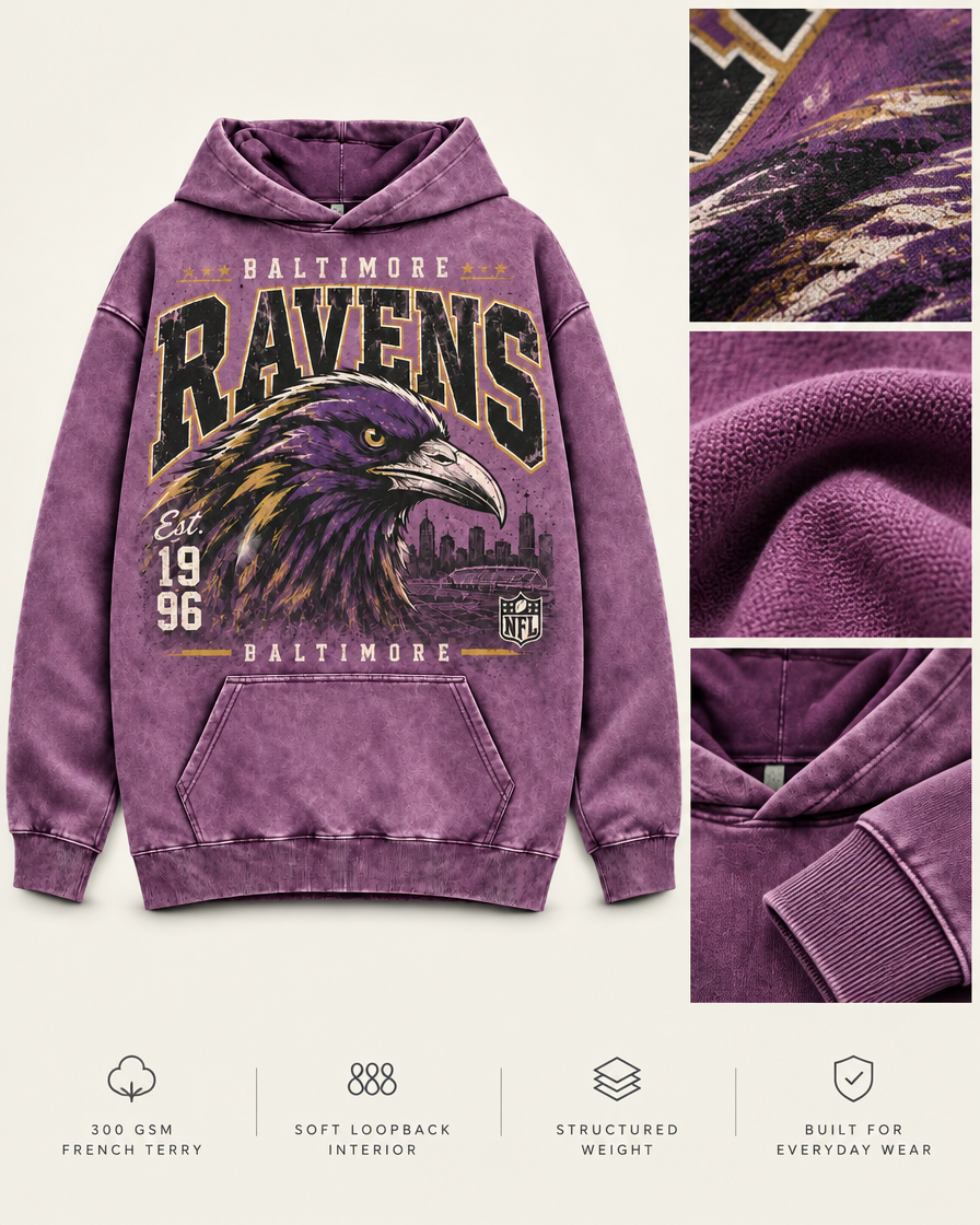 Ravens 1996 Vintage Wash Hoodie 300 GSM French terry fabric and construction details