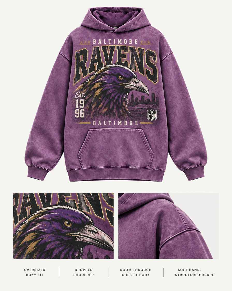 Ravens 1996 Vintage Wash Hoodie oversized boxy fit and feel details